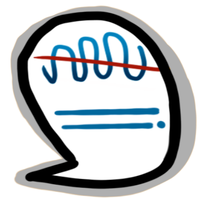 a speech bubble. inside it is a blue waveform in different shades, going up and down, with a red line crossing it out. below that are two flat blue lines, both the same shade, and a full stop after the second one. the black outline of the speech bubble has a grey outline around that.